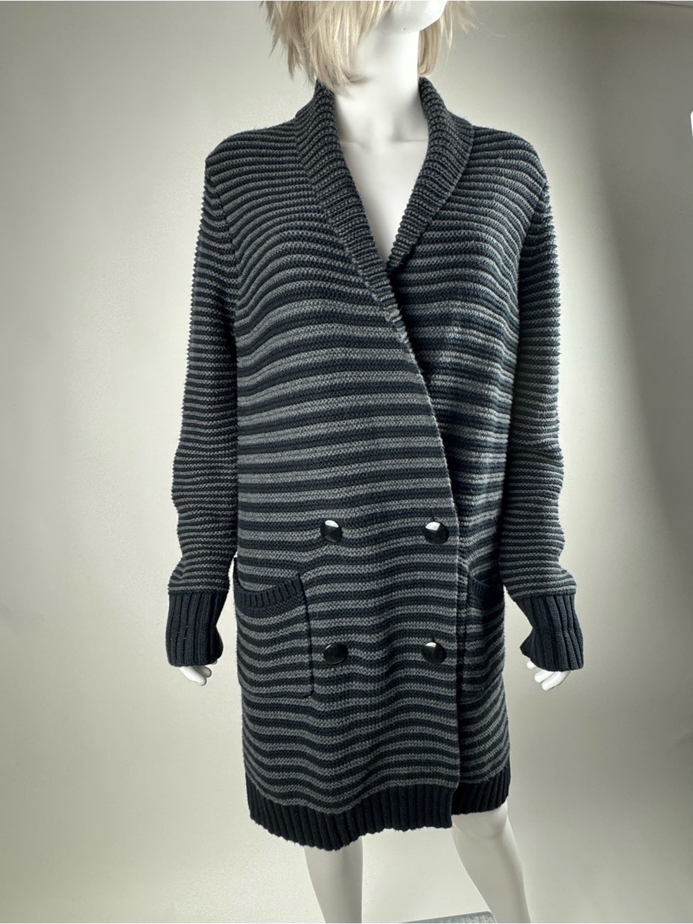 BCBG Striped Shawl-Collar Double-Breasted Cardigan - Black & Gray